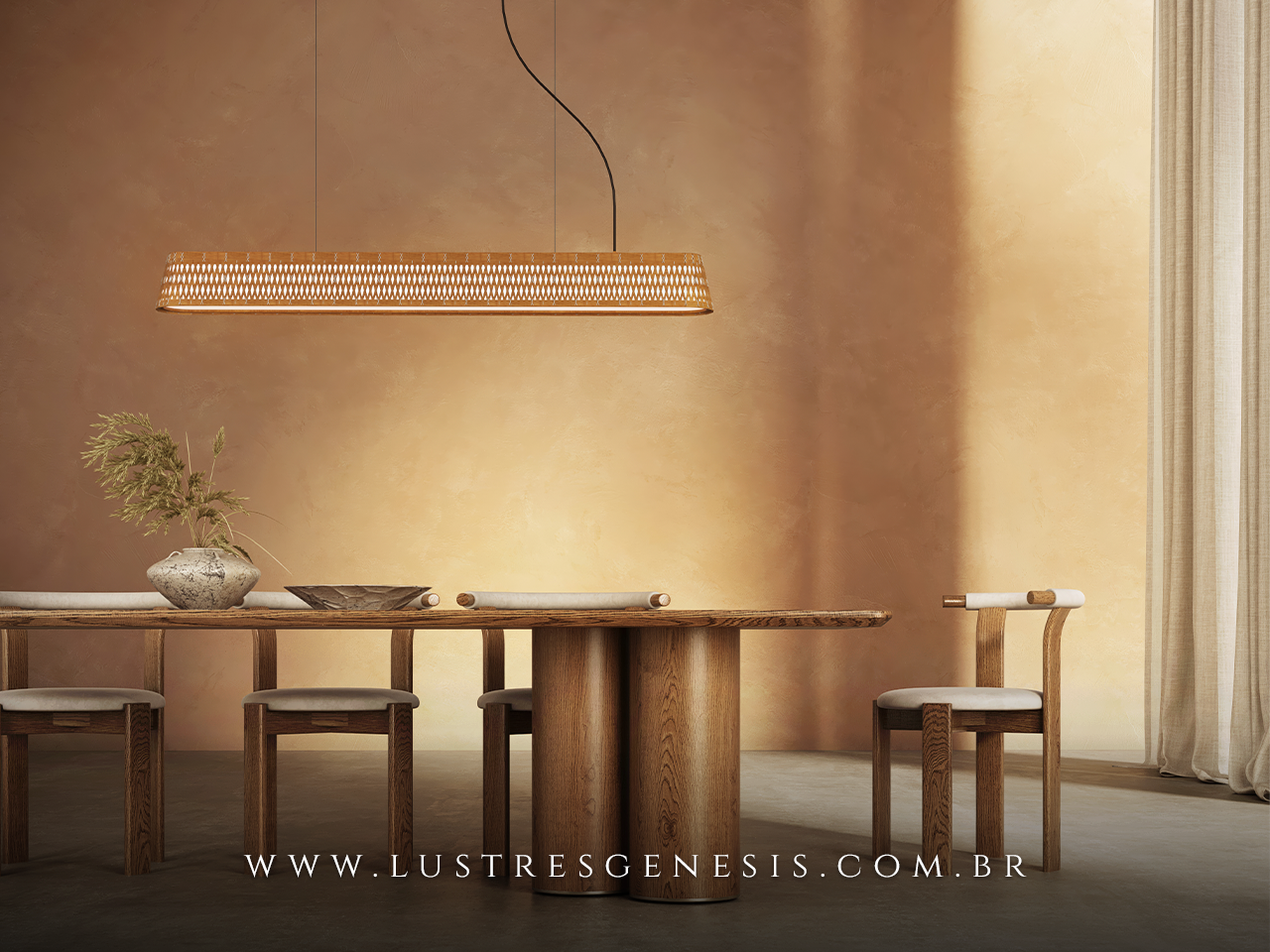 Luminária pendente linear retangular carimbó madeira natural e lacas coloridas